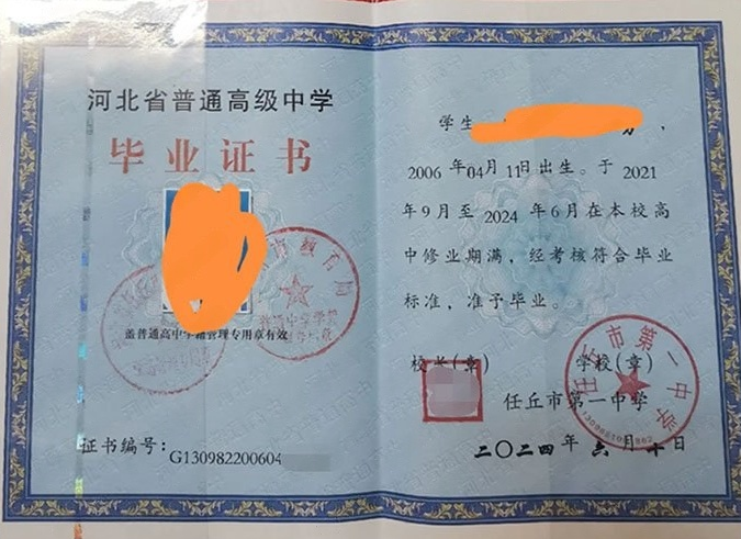 太和任丘市第一中学高中毕业证样本图片