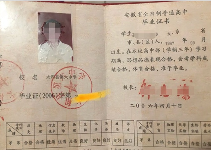 太和太和县第六中学高中毕业证样本图片