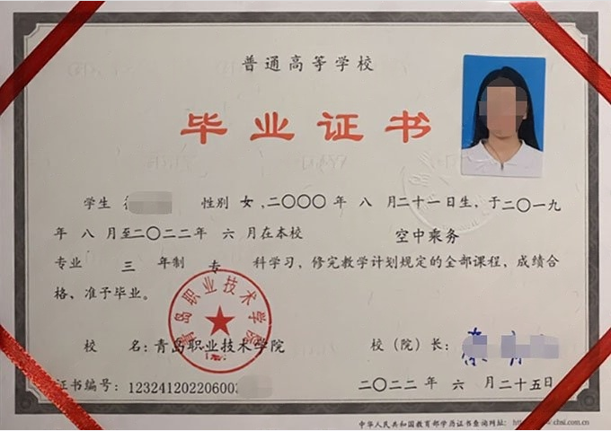 太和青岛职业技术学院毕业证样本图片
